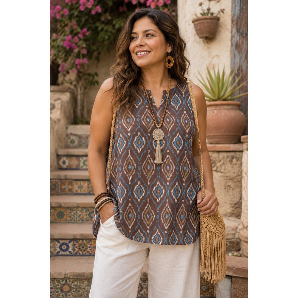 Naturals Linen Blend Sleeveless Ikat Print Tunic Top Women’s Small Boho Artsy